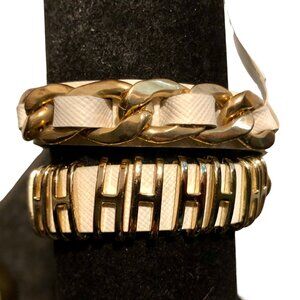 Cache White Dbl Leather Wrap Bracelet with Gold Metal Studs Chains New NWT $64